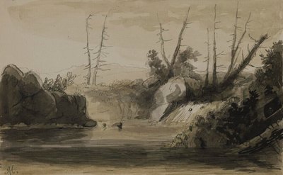 Veduta di una cascata e di un piccolo lago da Alfred Jacob Miller