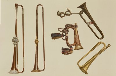 Tromba di cavalleria, un corno, una tromba dorata fatta da John Harris c.1730, una tromba e una tromba con montatura in argento di William Ball c.1680, da 