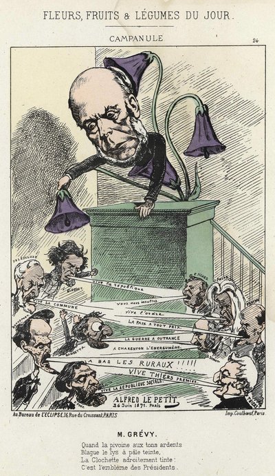 Campanula: caricatura su Grévy - ill. del 26/06/1871 di Alfred Le Petit, in "Fiori, Frutti e Verdure del Giorno" da Alfred Le Petit