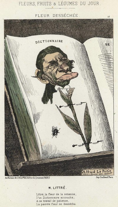 Fiore Déséchée: caricatura su Littré - ill. dal 01/02/1871 in Fiori, Frutti e Verdure del Giorno da Alfred Le Petit
