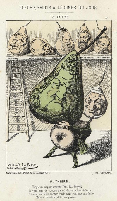La Peire: caricatura su Thiers - ill. del 14/02/1871 di Alfred Le Petitty, in "Fiori, Frutti e Verdure del Giorno" da Alfred Le Petit