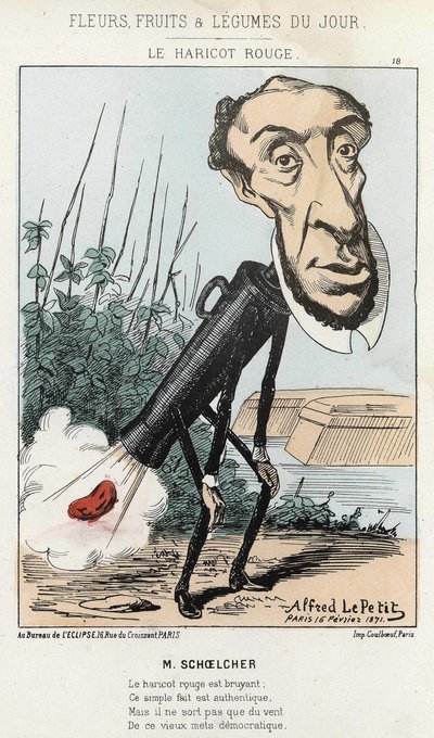 Il Fagiolo rosso: caricatura di Victor Schoelcher rappresenta nel treno di Pietro un fagiolo (scoreggia) - ill. del 16/02/1871 di Alfred Le Petit, in "Fiori, Frutti e Verdure del Giorno" da Alfred Le Petit