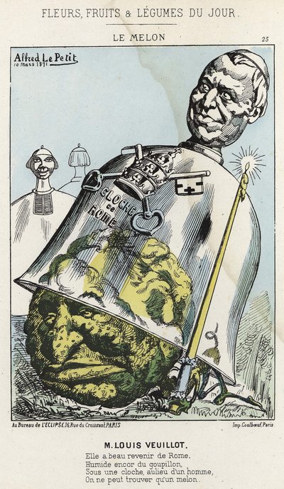 Le Melon: caricatura su Louis Veuillot - ill. del 10/03/1871 in "Fiori, Frutti e Verdure del Giorno" da Alfred Le Petit