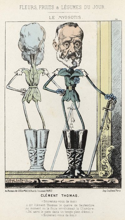 Le Myosotis: caricatura su Clément Thomas - ill. dal 03/02/1871 in Fiori, Frutti e Verdure del Giorno da Alfred Le Petit