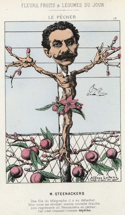 Le Pêcher: Caricatura su Steenackers - ill. dal 30/01/1871 in Fiori, Frutti e Verdure del Giorno da Alfred Le Petit