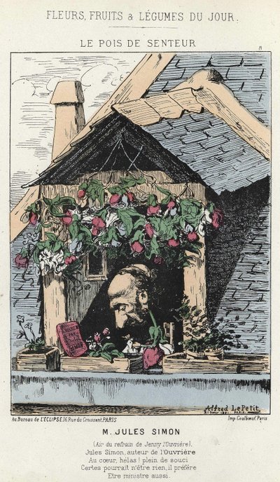 Le Peas de Fragreur: caricatura su Jules Simon (1814 - 1896) - ill. del 12/01/187 in "Fiori, Frutti e Verdure del Giorno" da Alfred Le Petit