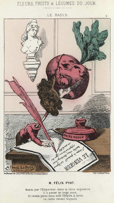 Le Radis: caricatura su Félix Pyat (1810 - 1889) - ill. del 02/02/187 in "Fiori, Frutti e Verdure del Giorno" da Alfred Le Petit