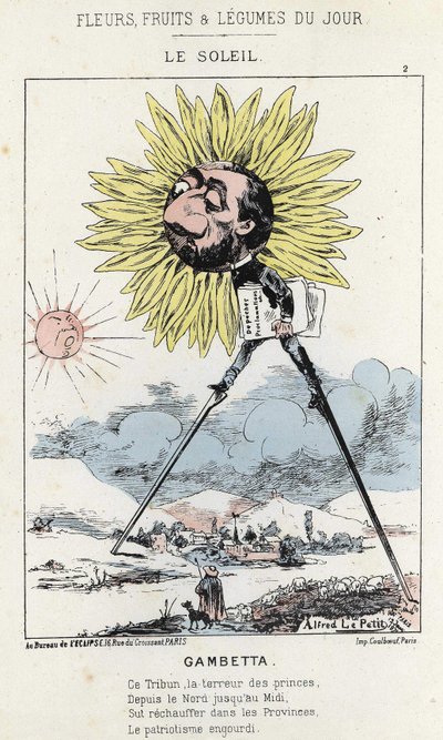 Le Soleil (girasole): caricatura su Gambetta (1838 - 1882) - ill. del 12/01/1871 in "Fiori, Frutti e Verdure del Giorno" da Alfred Le Petit