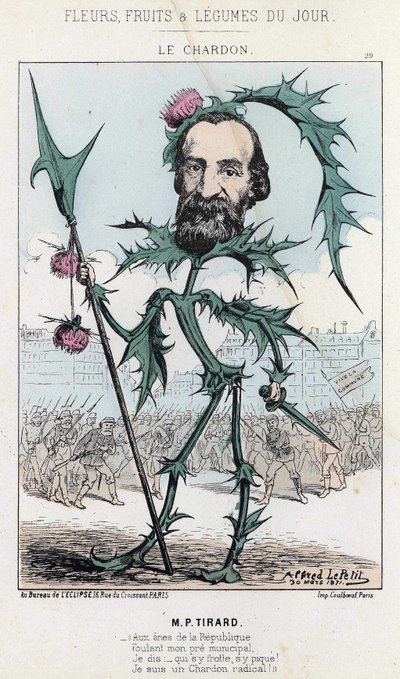Le Thistle: caricatura su P. Tirard - ill. del 30/03/1871 "Fiori, Frutti e Verdure del Giorno" da Alfred Le Petit