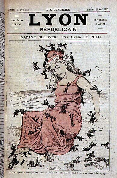 Madame Gulliver: È ora di svegliarmi: mi avrebbero mangiato (Marianne in piedi e uomini del clero, in Lillipuziani, che cercano di legarla) - di Alfred Le Petitty, in 