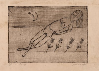 Luna crescente, fiori e nudo femminile (acquaforte e acquatinta su carta) da Alfred Lomnitz