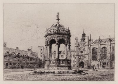 Cambridge: il grande cortile del Trinity College (acquaforte) da Alfred Louis Brunet Debaines