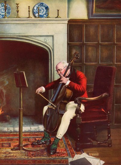 Un passaggio difficile - uomo che pratica il violoncello davanti al fuoco da Alfred Lyndon Grace