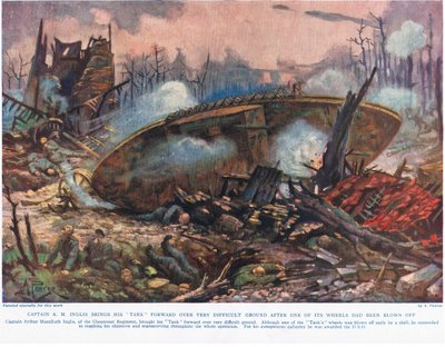 Il capitano A.M. Inglis porta il suo carro armato avanti su un terreno molto difficile dopo che una delle sue ruote era stata fatta saltare in aria, illustrazione da 