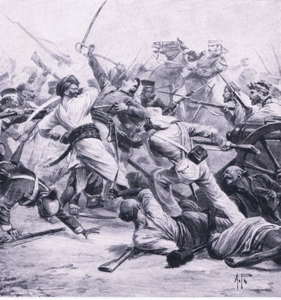 La sconfitta dei ribelli da parte di Nicholson a Najafgarh, 2 agosto 1857, illustrazione da British Battles on Land and Sea, 1915 da Alfred Pearse