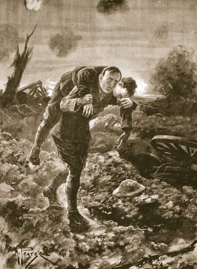 Tenente temporaneo G. St. G. S. Cather che porta un uomo ferito in piena vista del nemico e sotto il fuoco di mitragliatrici e artiglieria da Alfred Pearse