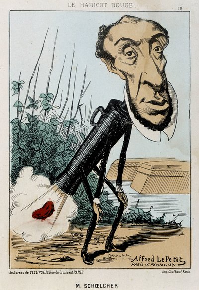 Le Bean rouge: caricatura di Victor Schoelcher rappresentato nel treno di Pietro un fagiolo (scoreggia) - ill. del 16/02/1871 in "Fleurs, Fruits et Vegetables du Jour" da Alfred Petit