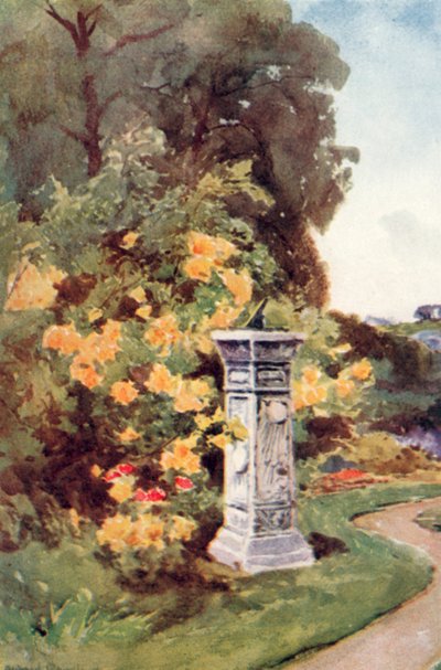 "La meridiana stava come il dio del giardino dei giardini cristiani. Parlava di lavori moderati, di piaceri non prolungati dopo il tramonto" (litografia a colori) da Alfred Rawlings