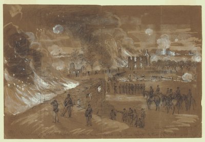 Incendio delle case e dei fienili del signor Muma durante la battaglia del 17 settembre da Alfred Rudolph Waud