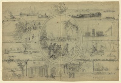 Scene associate al canale di Dutch Gap da Alfred Rudolph Waud