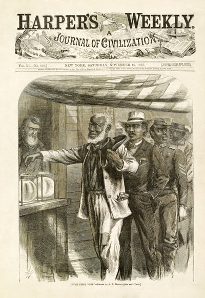 Il primo voto, pub. Harpers Weekly, 1867 da Alfred Rudolph Waud