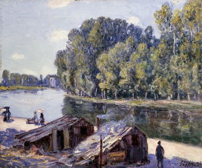 Capanni sul bordo del Canal du Loing con sole splendente da Alfred Sisley