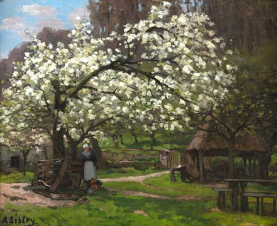Primavera, contadina sotto gli alberi in fiore da Alfred Sisley