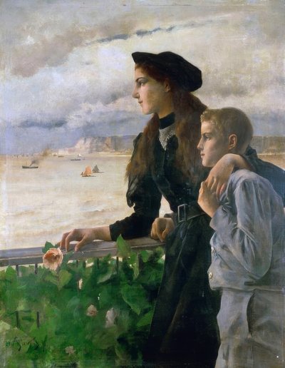 Fratello e sorella davanti al mare a Honfleur da Alfred Emile Stevens