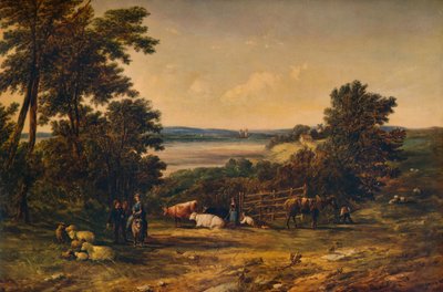 Un porto circondato da colline boscose e prati con bestiame, 1859, 1938 da Alfred Vickers