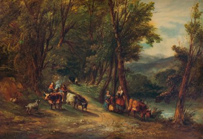 Bovini e figure in una valle boscosa con ruscello da Alfred Vickers