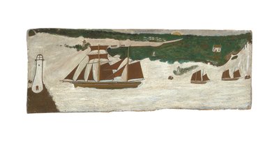 Goletta che passa davanti a un faro, 1855-1942 circa (olio su tavola) da Alfred Wallis