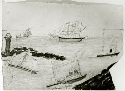 Tre navi a vela, due navi a vapore e il faro di Godrevy, c.1935-38 da Alfred Wallis