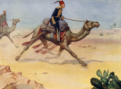 Il generale britannico Charles George Gordon che galoppa attraverso il deserto del Sahara su un cammello da Alfred Wallis Mills