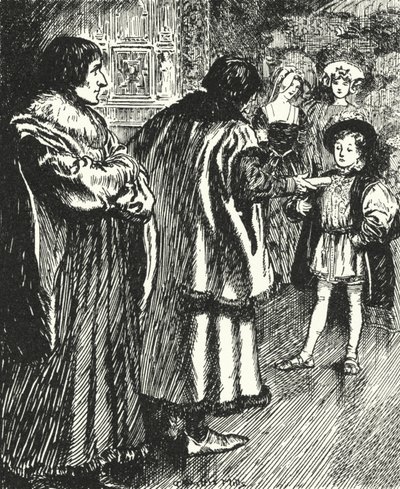 Erasmo osserva Sir Thomas More presentare una poesia che aveva scritto al giovane principe Enrico, futuro re Enrico VIII da Alfred Wallis Mills
