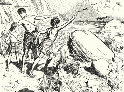 Annibale e i suoi fratelli imparano a lanciare pietre con una fionda da Alfred Wallis Mills
