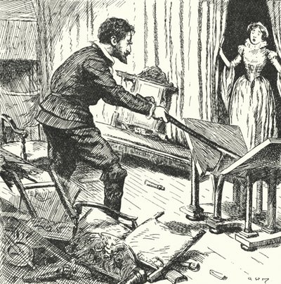 La moglie del vasaio francese Bernard Palissy guarda con orrore mentre distrugge i loro mobili per usarli come combustibile per i suoi forni da Alfred Wallis Mills