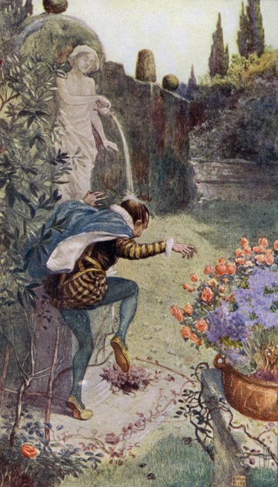 Acqua da una brocca tenuta da una statua in un giardino che versa sulla testa del ceramista francese Bernard Palissy da Alfred Wallis Mills