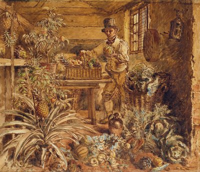 Un giardiniere in una serra con ananas e vari ortaggi da Alfred William Hunt
