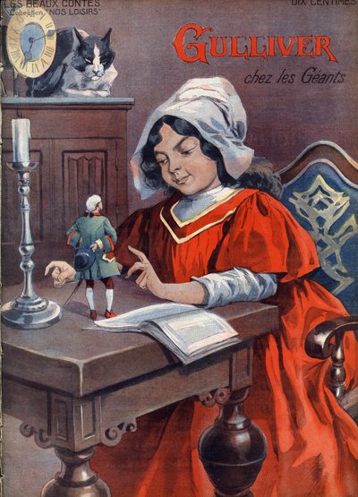 Gulliver tra i giganti (Brobdingnag). Racconto di Jonathan Swift (1667-1745). Illustrazione di Vaccari e Carrey nella collezione Les beaux tales Nos loisirs ca. 1910. Collezione privata da Alfredo and Carrey Vaccari