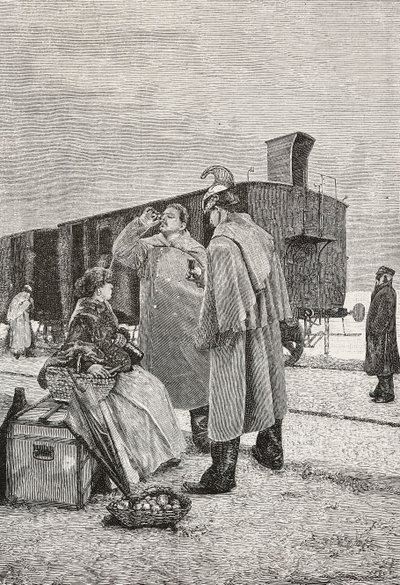Cinque minuti di sosta, due uomini in piedi a una fermata del treno che bevono e mangiano, incisione da un dipinto di Alfredo Luxoro (1859-1918), da L
