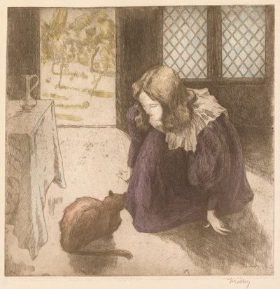 Interno, Bambina con gatto La Petite fille au chat, 1897 da Alfredo Müller