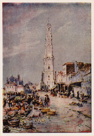 Torre dos Clerigos, Porto, Portogallo (litografia a colori) da Alfredo Roque Gameiro