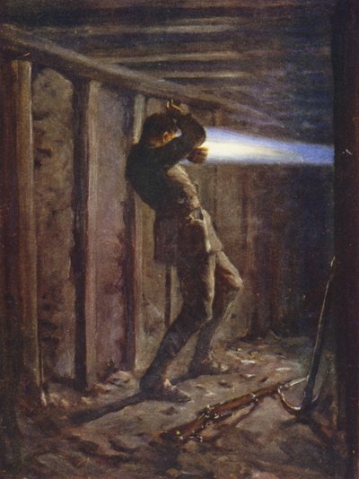 Una lingua di fiamma blu che esce dal lato nemico di una galleria di mine e brucia gravemente il soldato T Bytheway, 20 ottobre 1915 da Allan (after) Stewart