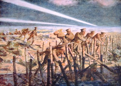 Soldati britannici che tagliano le difese di filo spinato tedesche di notte sul Fronte Occidentale da Allan (after) Stewart