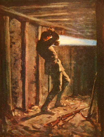 Una lingua di fiamma blu che spara dal lato nemico di una galleria di mine, e brucia gravemente il soldato Bytheway da Allan Stewart