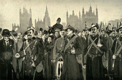 La risposta di Londra - I volontari imperiali della città attraversano il ponte di Westminster, 1900 da Allan Stewart