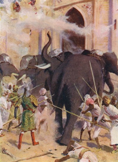 Elefanti da guerra assaltano le porte del forte di Arcot da Allan Stewart