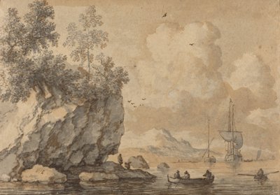 Figure in barche a remi in una baia rocciosa, navi a vela oltre da Allart van Everdingen