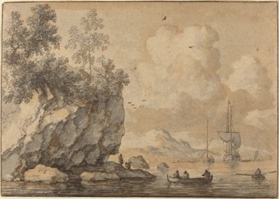 Figure in barche a remi in una baia rocciosa, navi a vela oltre da Allart van Everdingen