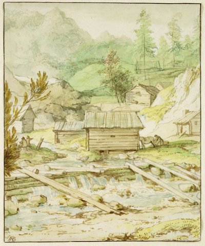 Paesaggio nordico con capanna di legno e sbarramento da Allart van Everdingen